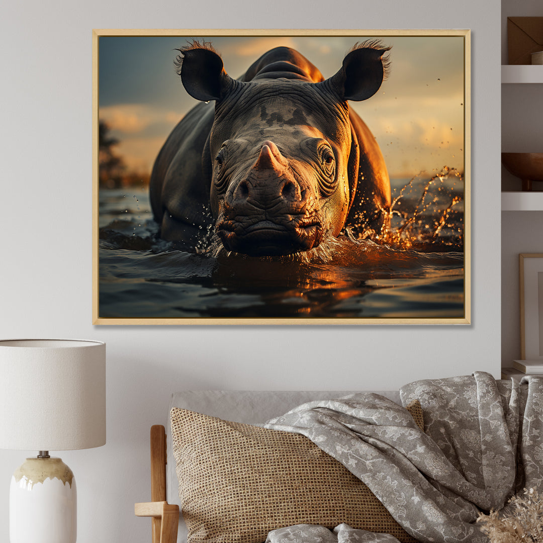 Wild Rhino In The Water Wildlife Photography - Rhino Bedroom Wall Art