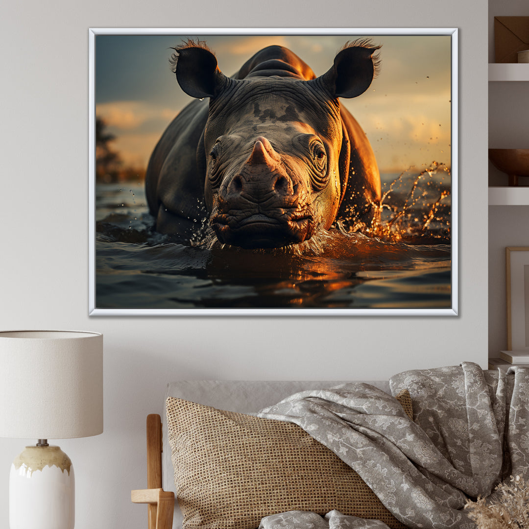Wild Rhino In The Water Wildlife Photography - Rhino Bedroom Wall Art
