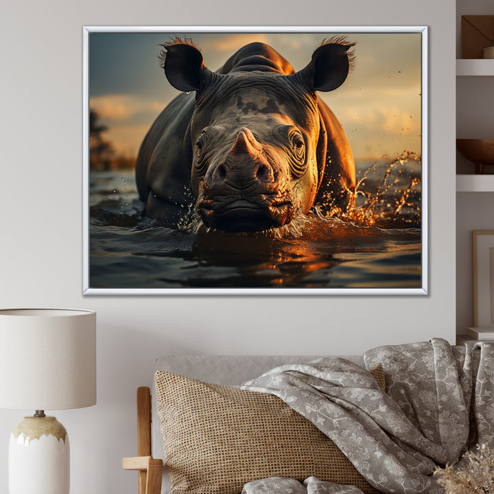 Wild Rhino In The Water Wildlife Photography - Rhino Bedroom Wall Art