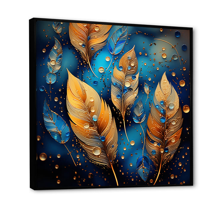 Boho Glam Gold Feathers On Cosmic Blue - Feathers Living Room Wall Art