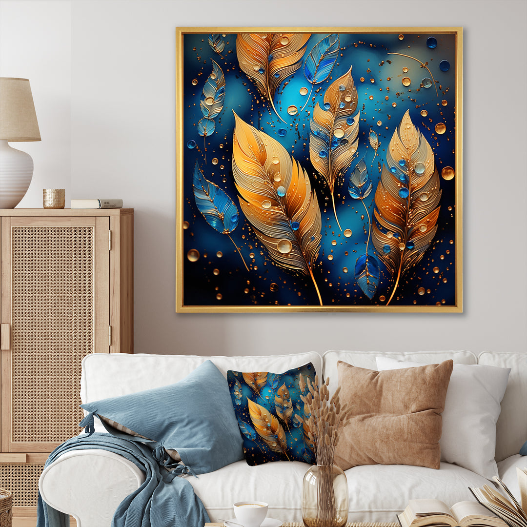 Boho Glam Gold Feathers On Cosmic Blue - Feathers Living Room Wall Art