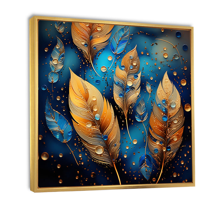 Boho Glam Gold Feathers On Cosmic Blue - Feathers Living Room Wall Art