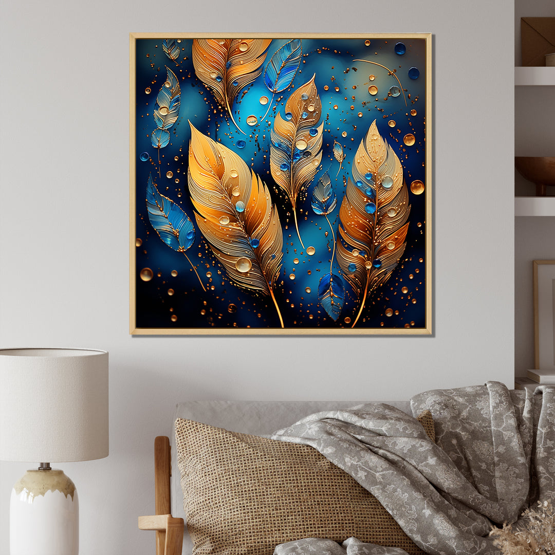 Boho Glam Gold Feathers On Cosmic Blue - Feathers Living Room Wall Art