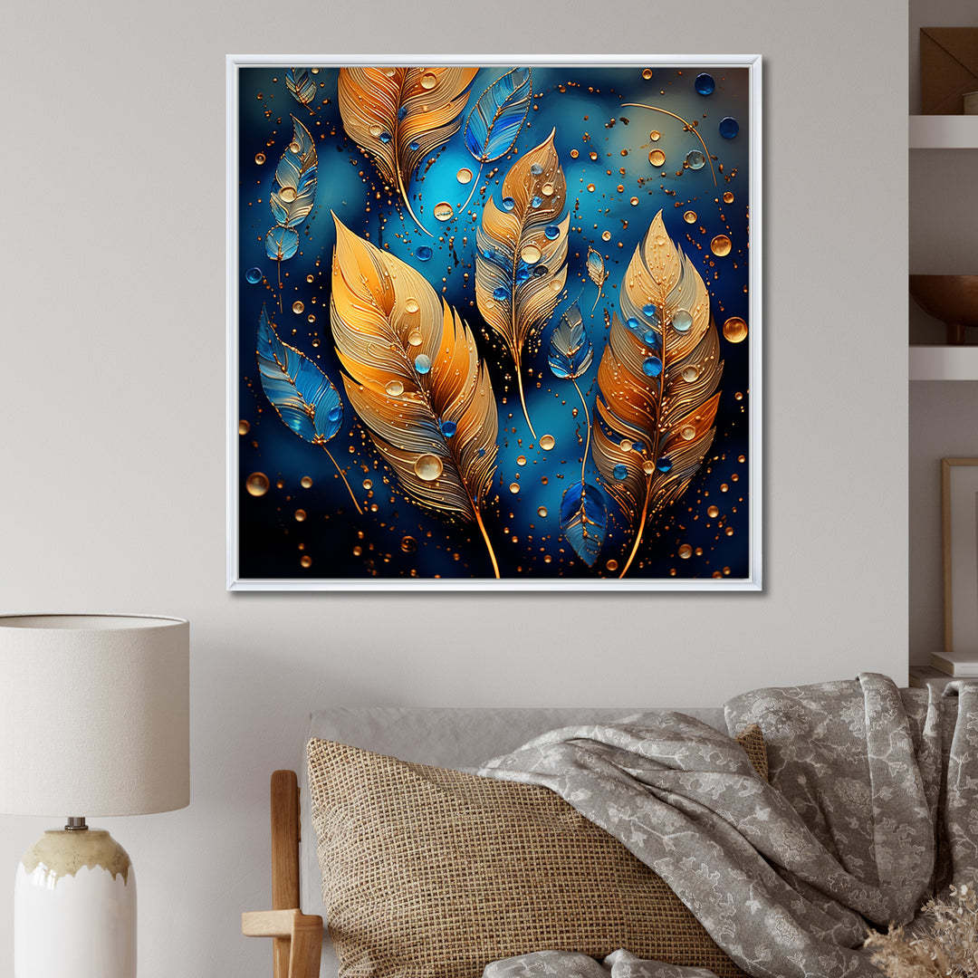 Boho Glam Gold Feathers On Cosmic Blue - Feathers Living Room Wall Art