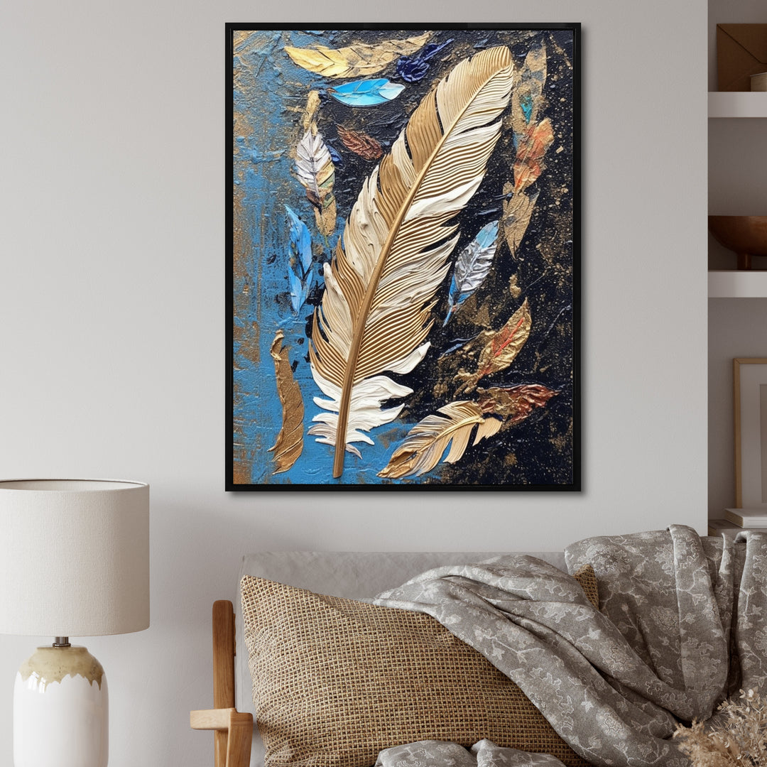 Boho Glam Exquisite Gold On Blue Feather Painting - Feathers Wall Art Prints