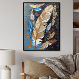 Boho Glam Exquisite Gold On Blue Feather Painting - Feathers Wall Art Prints