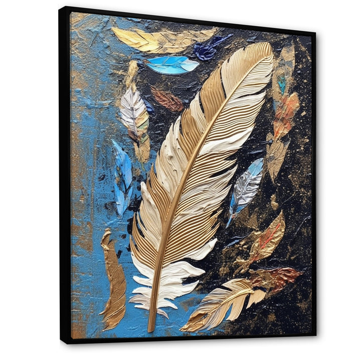 Boho Glam Exquisite Gold On Blue Feather Painting - Feathers Wall Art Prints