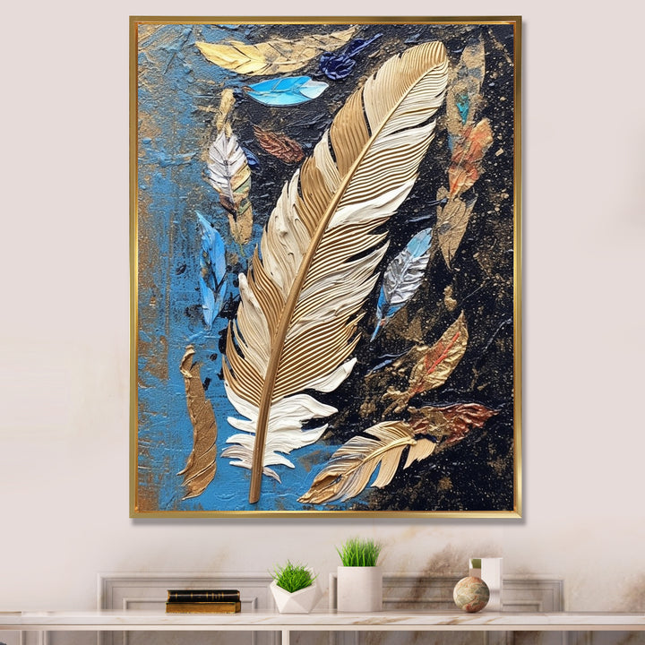 Boho Glam Exquisite Gold On Blue Feather Painting - Feathers Wall Art Prints