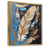 Boho Glam Exquisite Gold On Blue Feather Painting - Feathers Wall Art Prints