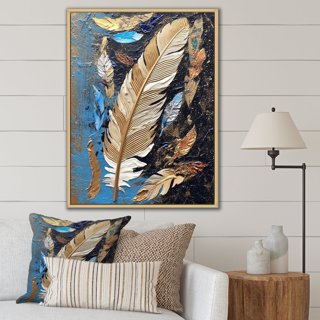 Boho Glam Exquisite Gold On Blue Feather Painting - Feathers Wall Art Prints
