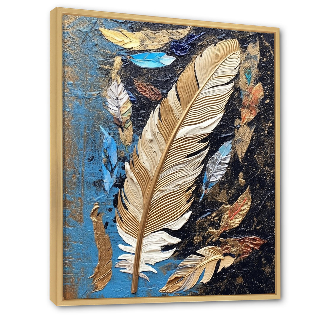 Boho Glam Exquisite Gold On Blue Feather Painting - Feathers Wall Art Prints
