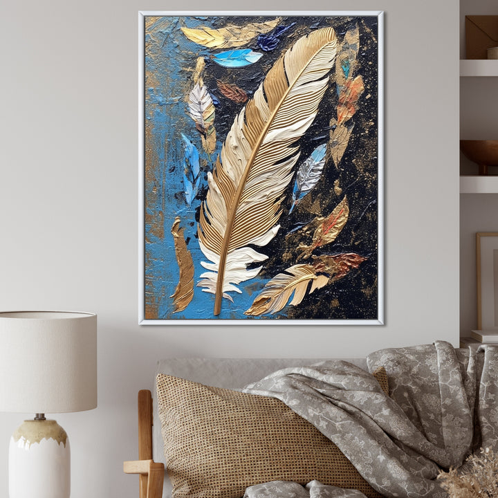 Boho Glam Exquisite Gold On Blue Feather Painting - Feathers Wall Art Prints