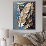 Boho Glam Exquisite Gold On Blue Feather Painting - Feathers Wall Art Prints