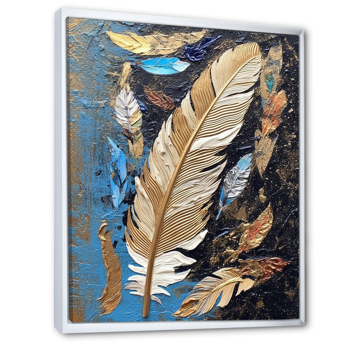 Boho Glam Exquisite Gold On Blue Feather Painting - Feathers Wall Art Prints