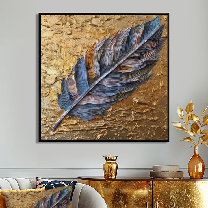 Boho Glam Exquisite Blue Feather On Gold Painting - Feathers Framed Canvas Art