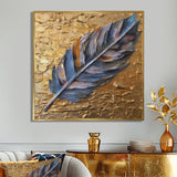Boho Glam Exquisite Blue Feather On Gold Painting - Feathers Framed Canvas Art