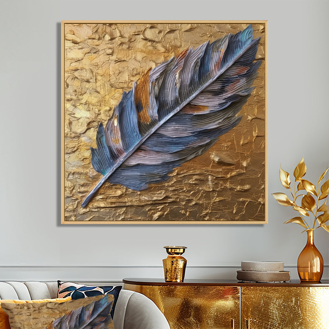 Boho Glam Exquisite Blue Feather On Gold Painting - Feathers Framed Canvas Art