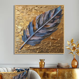 Boho Glam Exquisite Blue Feather On Gold Painting - Feathers Framed Canvas Art