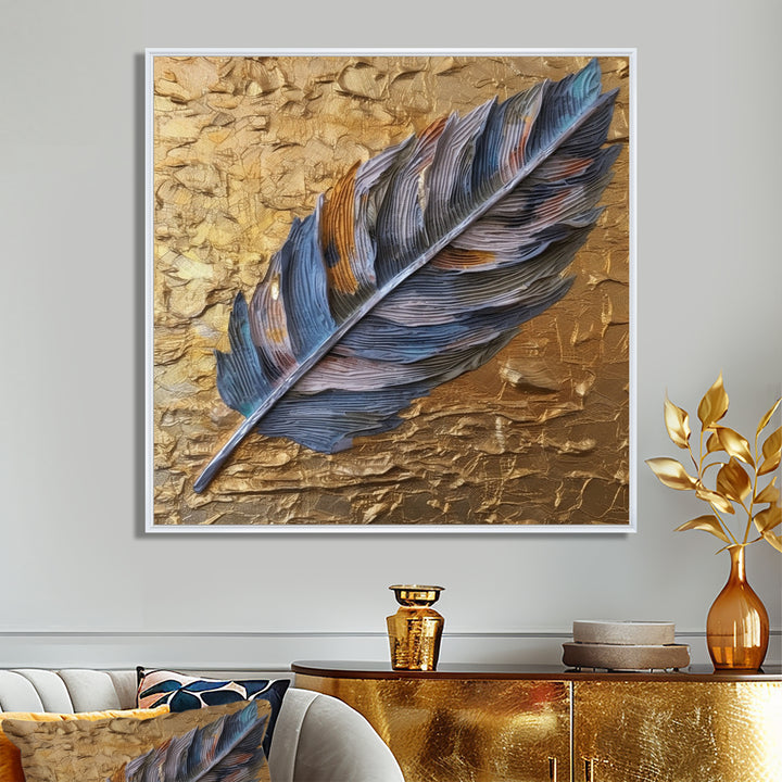 Boho Glam Exquisite Blue Feather On Gold Painting - Feathers Framed Canvas Art