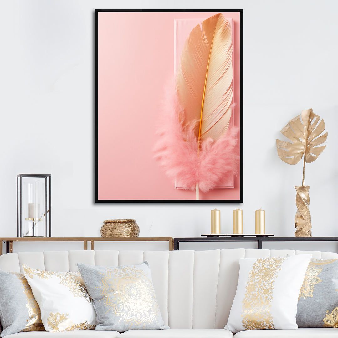 Boho Glam Gold and Pink Feather Elegance - Feathers Living Room Wall Art