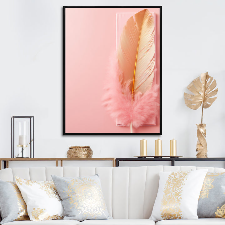 Boho Glam Gold and Pink Feather Elegance - Feathers Living Room Wall Art