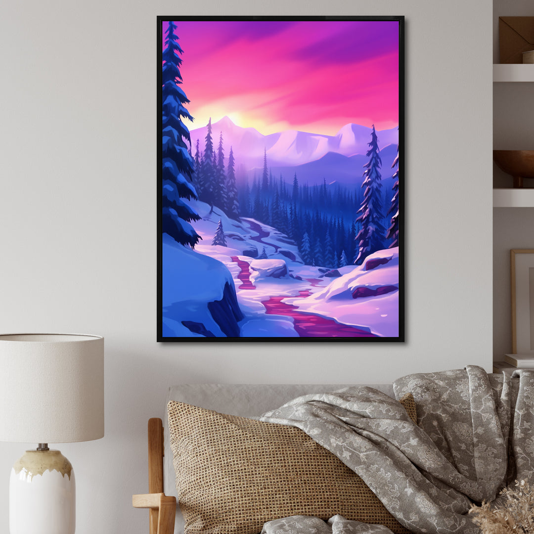 Winter Scenery Pink Evening Glow In The Mountains - Feathers Canvas Wall Art
