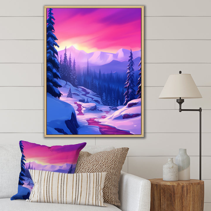 Winter Scenery Pink Evening Glow In The Mountains - Feathers Canvas Wall Art