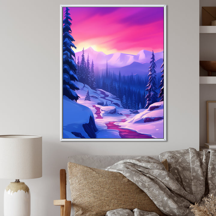 Winter Scenery Pink Evening Glow In The Mountains - Feathers Canvas Wall Art