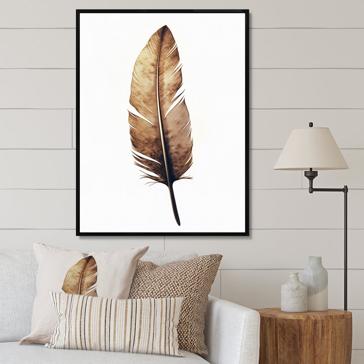 Brown Boho Feather On White Watercolor - Feathers Canvas Wall Art