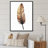 Brown Boho Feather On White Watercolor - Feathers Canvas Wall Art
