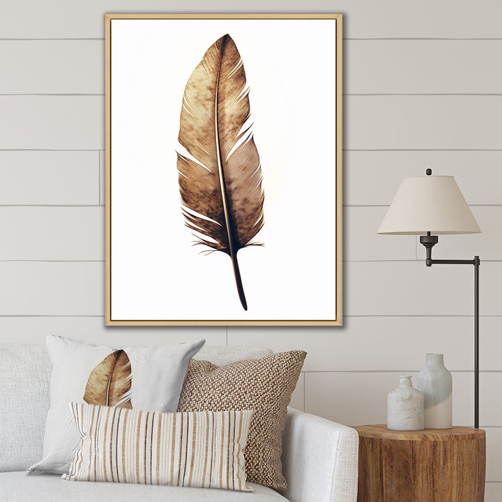 Brown Boho Feather On White Watercolor - Feathers Canvas Wall Art