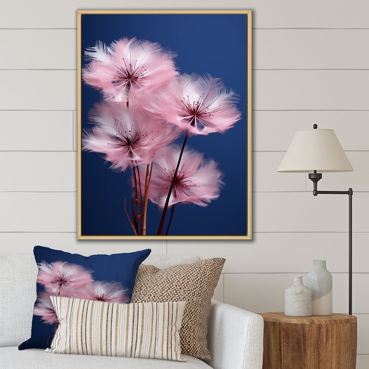 Delicate Pink Dandelion Flowers On Blue Sky - Feathers Wall Art Prints