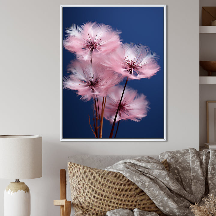 Delicate Pink Dandelion Flowers On Blue Sky - Feathers Wall Art Prints