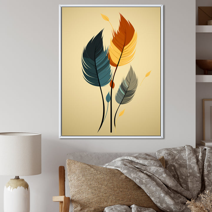 Retro Blue And Amber Orange Boho Feathers - Blue Feathers Wall Art
