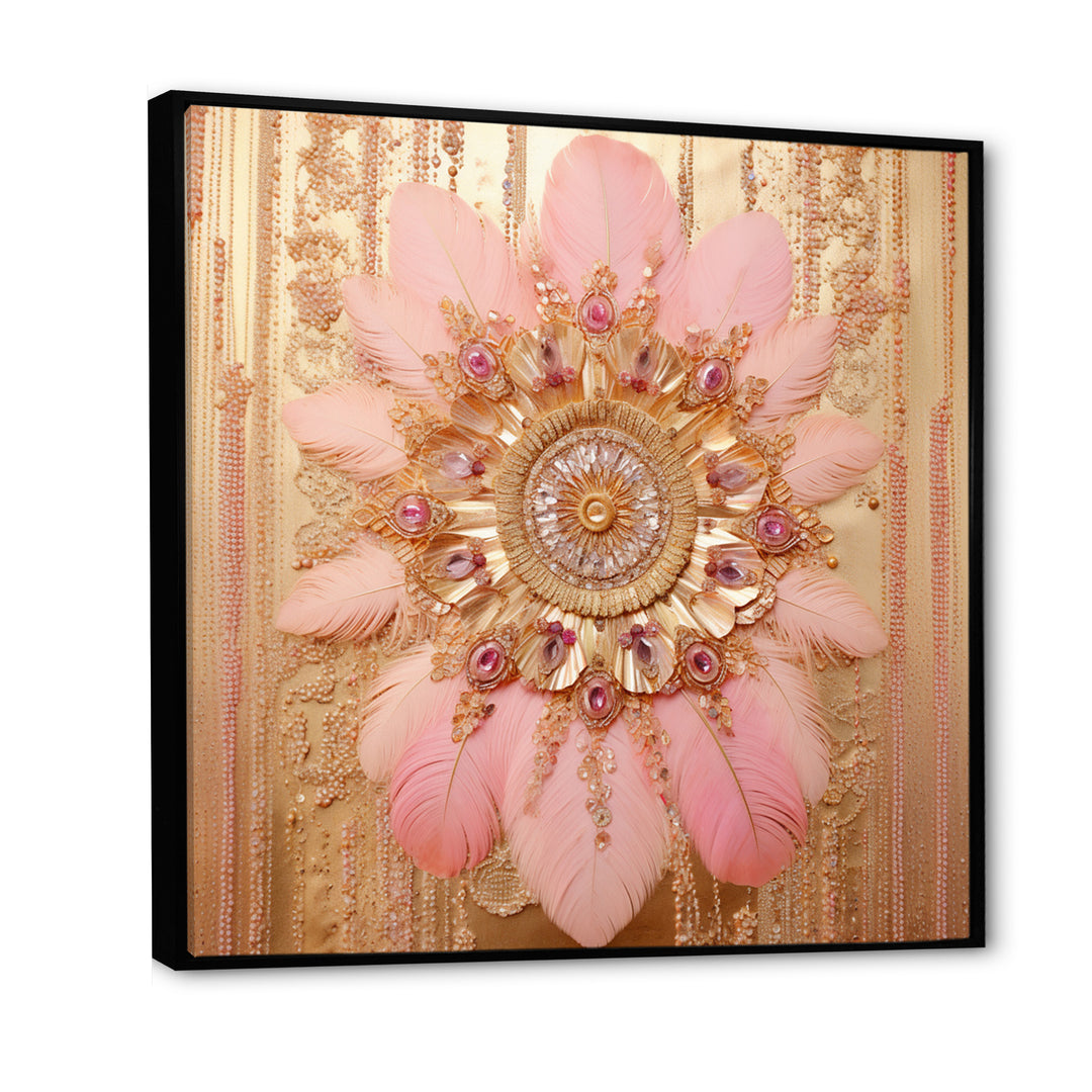 Boho Glam Pink And Gold Dreamcatcher - Feathers Framed Canvas Art