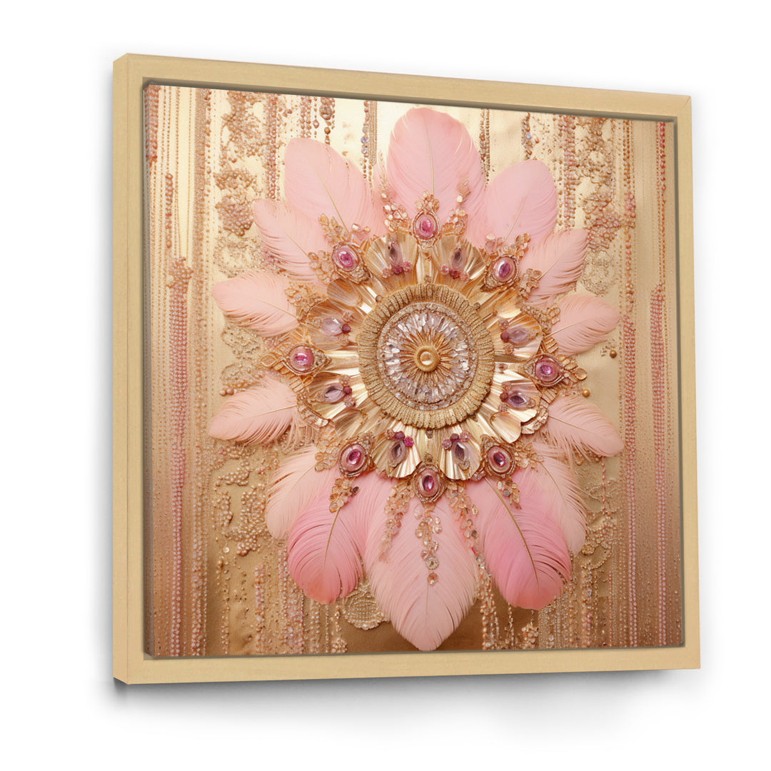 Boho Glam Pink And Gold Dreamcatcher - Feathers Framed Canvas Art