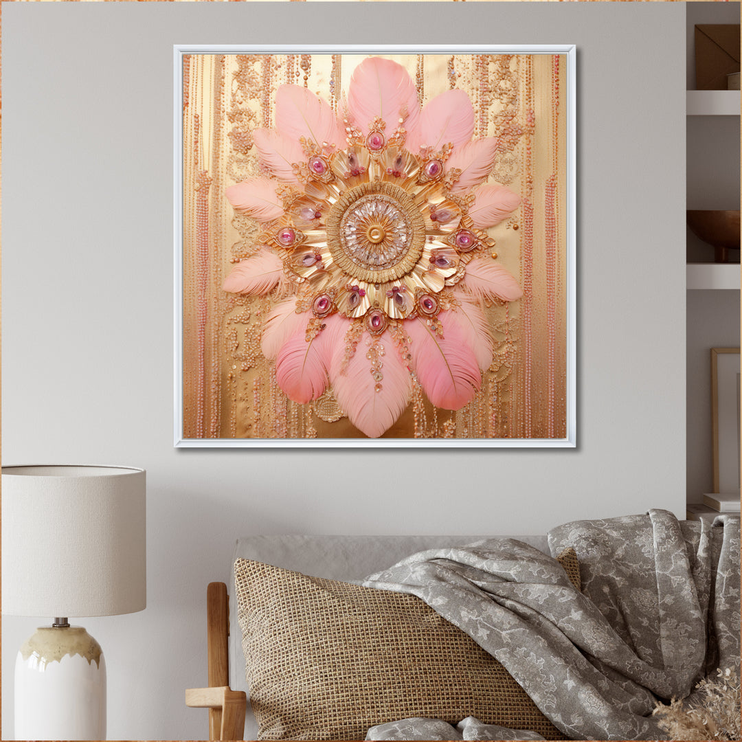 Boho Glam Pink And Gold Dreamcatcher - Feathers Framed Canvas Art