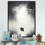 Solitary Fisher Boat Misty Lake Black White - Boat Canvas Wall Art