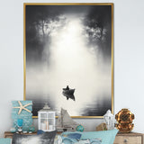 Solitary Fisher Boat Misty Lake Black White - Boat Canvas Wall Art