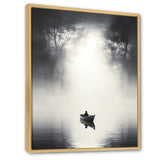 Solitary Fisher Boat Misty Lake Black White - Boat Canvas Wall Art