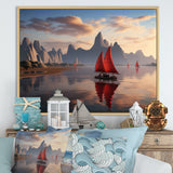 Red Sailboat Sailing Into Arctic Sunset - Boat Canvas Wall Art
