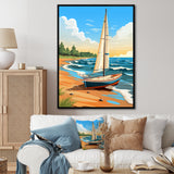 White Sailboat At The Shore Retro Illustration - Boat Canvas Wall Art