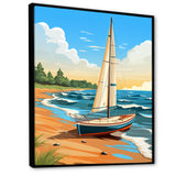 White Sailboat At The Shore Retro Illustration - Boat Canvas Wall Art