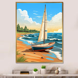 White Sailboat At The Shore Retro Illustration - Boat Canvas Wall Art