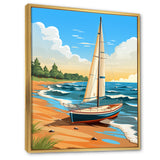White Sailboat At The Shore Retro Illustration - Boat Canvas Wall Art