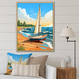 White Sailboat At The Shore Retro Illustration - Boat Canvas Wall Art