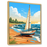 White Sailboat At The Shore Retro Illustration - Boat Canvas Wall Art
