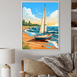 White Sailboat At The Shore Retro Illustration - Boat Canvas Wall Art