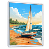 White Sailboat At The Shore Retro Illustration - Boat Canvas Wall Art