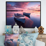 White Longboats Pink Blue Sunset Reflection - Boat Canvas Wall Art